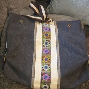 Boho Embroidered Canvas Tote Backpack in Dark Grey, great for everyday use.